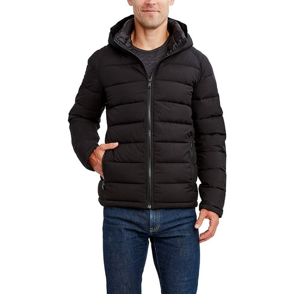 HFX Men's Lightweight Puffer Jacket with Hood, Water and Wind Resistant Solid Black Coat XL