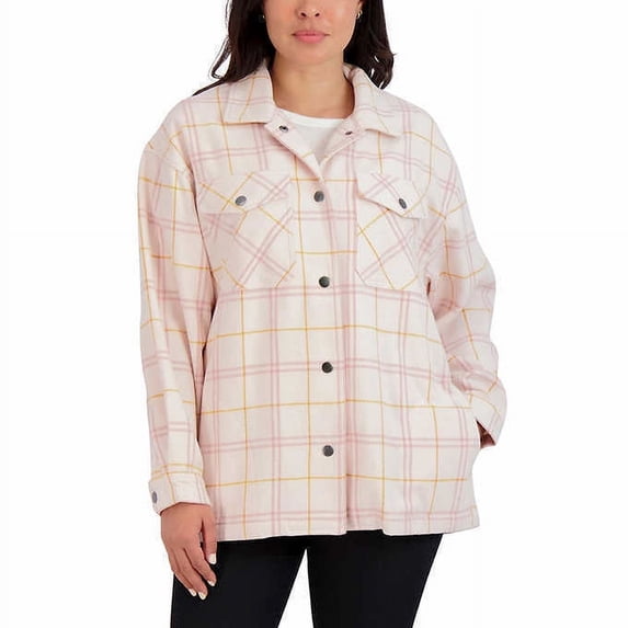 HFX Women's Relaxed Fit Front Snap Cozy Plaid Shirt Jacket-Pink / L