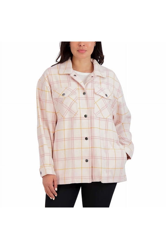HFX Women's Relaxed Fit Front Snap Cozy Plaid Shirt Jacket-Pink / XL