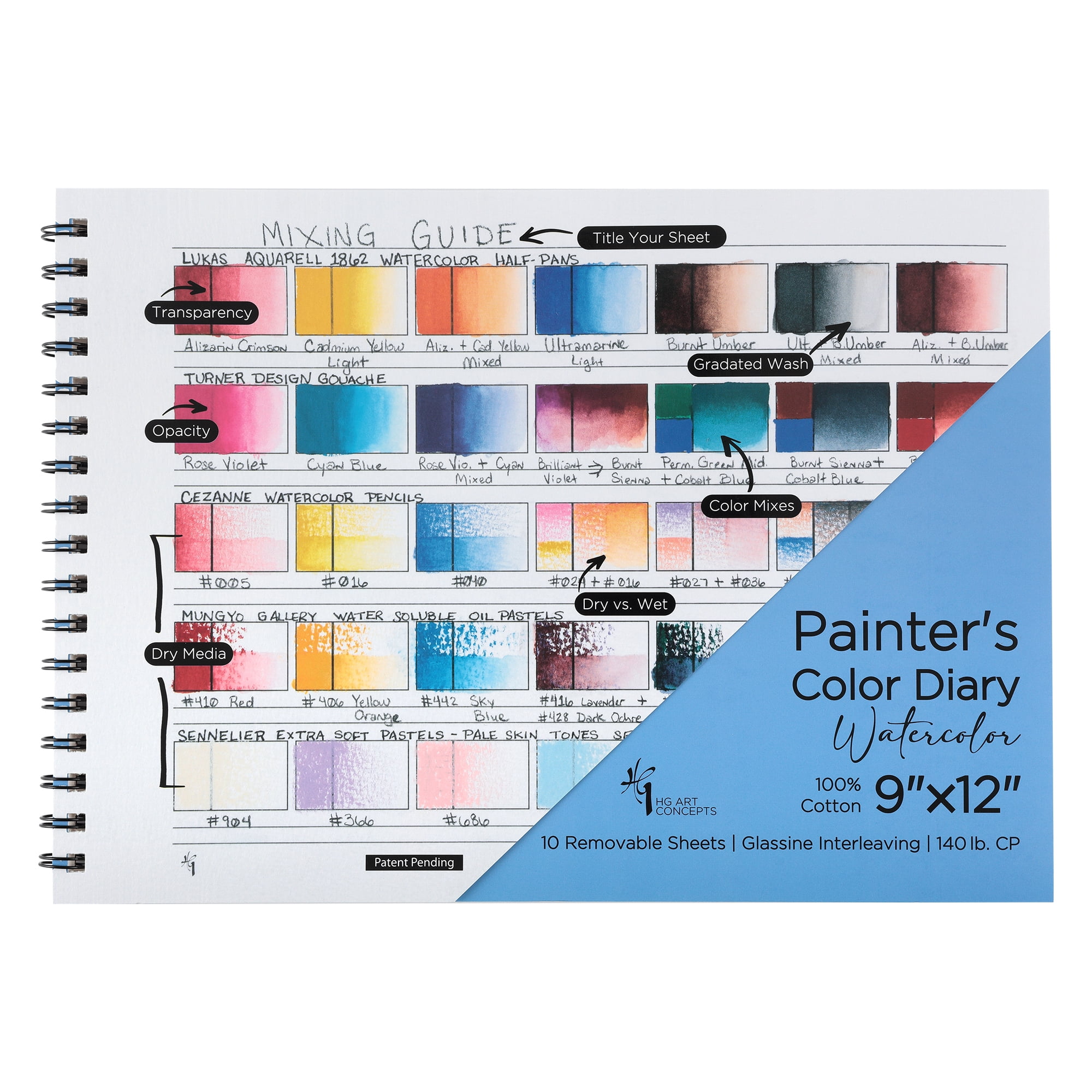 HG Art Concepts Painters Color Diary - 9x12" 140lb Spiral-Bound Acid-Free Color Swatch Book with 10 Pages for Watercolor & Mixed Media - 20-Pack