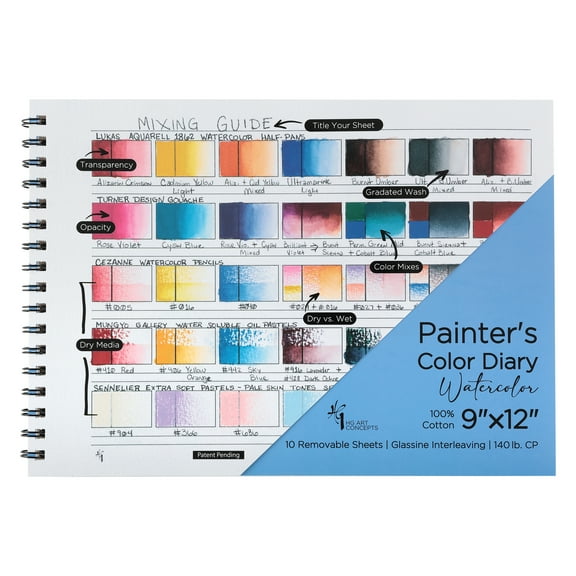 HG Art Concepts Painters Color Diary - 9x12", 140lb Spiral-Bound Acid-Free Color Swatch Book with 10 Pages for Watercolor & Mixed Media - Single