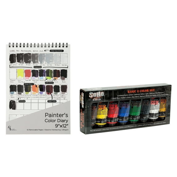 HG Art Concepts Painters Color Diary - 9x12" Spiral-Bound Color Swatch Book with 10 Pages for Acrylic or Oil Paint - Single w/ Set of 8 Acrylic Paint