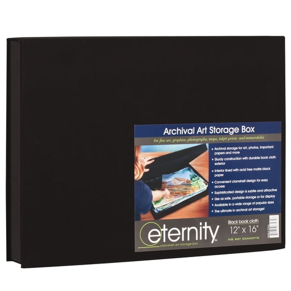 HG Concepts Art Photo Storage Box Eternity Archival Clamshell Box For Storing Artwork, Photos & Documents Deluxe Acid-Free Sturdy & Lined With Archival Paper - [Black - 12" x 16"]