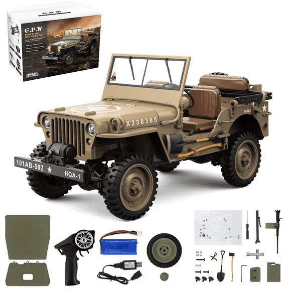 HG4-58 1/14 Scale Alloy RC Monster Truck, 2.4G 4WD 2-Speed Off-Road Military Willys RC Rock Crawler with Full Protection System for Adults