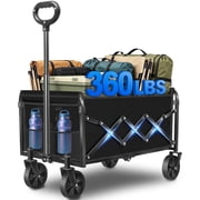 Kovryx Collapsible Wagon Cart Foldable, 360lbs Heavy Duty Folding Wagon with All-Terrain Wheels, Portable Beach Camping Shopping Garden Cart, Black