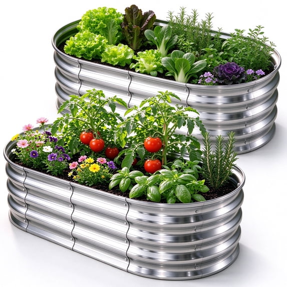 HGD Outdoor Oval Galvanized Metal Raised Garden Planter 2 pack, 4x2x1 ft Garden Boxes for Backyard Vegetables, Herbs and Flowers