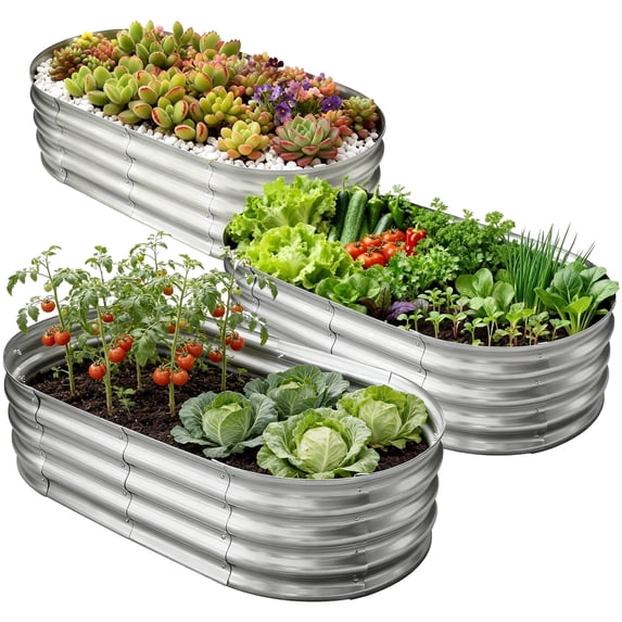 HGD Raised Garden Bed Kit, 3 pack oval galvanized metal planters, 4 ft x 2 ft x 1 ft, Silver