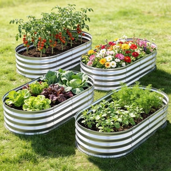 HGD Raised Garden Bed Kit Oval Galvanized Metal Outdoor Planter (4 Pcs) 4 x 2 x 1 ft