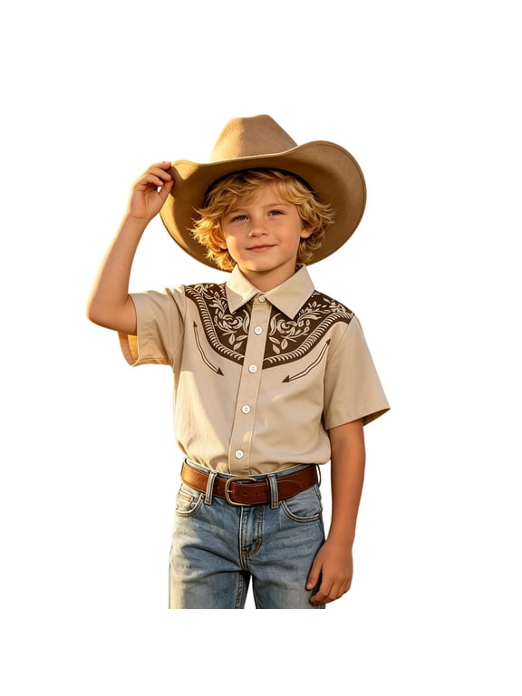 Baby Boy Cowboy Shirt, Short Sleeve Button Up Western Style Casual Summer Tops for Little Boys 2-3 Years
