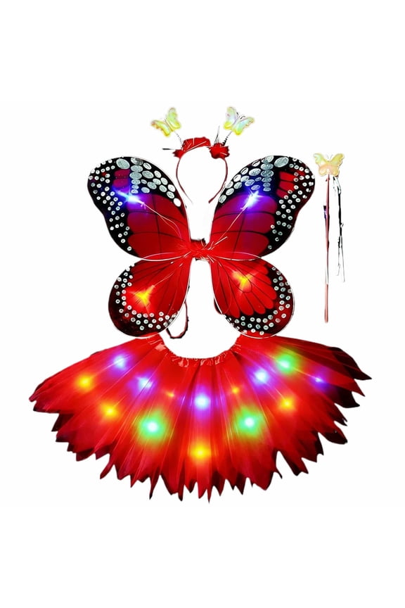Girls Fairy Butterfly Wings Costume Kit, LED Light‑Up Angel Wings, Tutu Skirt, Headband and Magic Wand, Kids Princess Dress‑Up Play Set for Holiday Party
