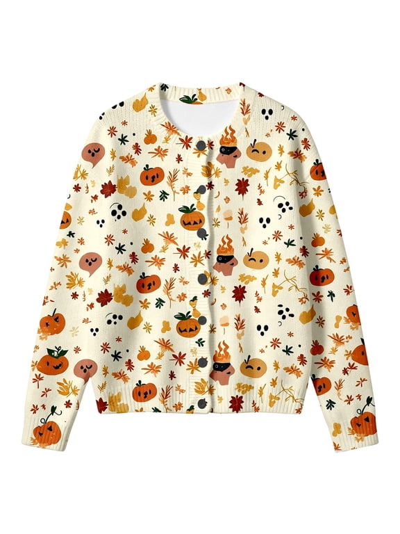 Girls Fall‑Winter Halloween Cardigan Outerwear, Funny Jack‑o‑Lantern Pumpkin All‑Over Print Button‑Front Jacket with Side Pockets, Kids Casual Halloween Coat