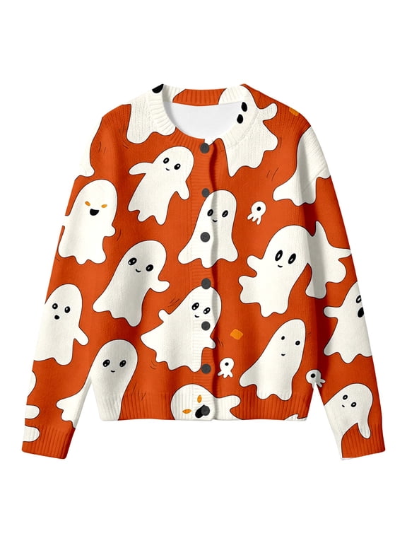 Girls Fall‑Winter Halloween Cardigan Outerwear, Funny Jack‑o‑Lantern Pumpkin All‑Over Print Button‑Front Jacket with Side Pockets, Kids Casual Halloween Coat