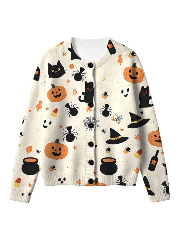 Girls Fall‑Winter Halloween Knit Cardigan Outerwear, Fun White Ghost Sparkle Star All‑Over Print Button‑Front Jacket with Pockets, Kids Casual Halloween Outer Coat