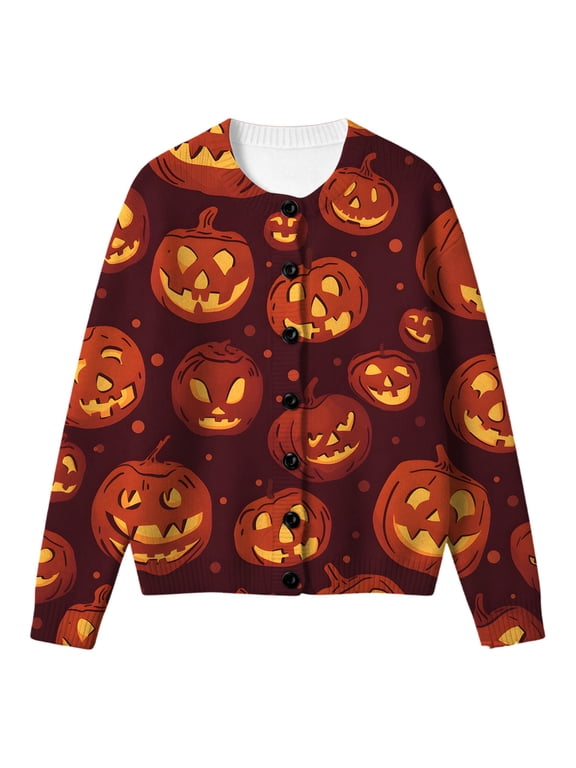 Girls Fall‑Winter Halloween Knit Cardigan Outerwear, Fun White Ghost Sparkle Star All‑Over Print Button‑Front Jacket with Pockets, Kids Casual Halloween Outer Coat