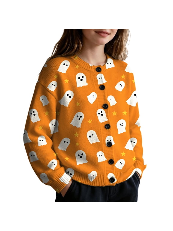 Girls Halloween‑Themed Knit Cardigan Jacket, Friendly Ghost Star Full‑Print Button‑Down Outerwear