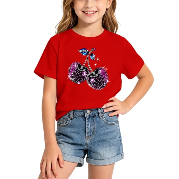 HGIEYS Girls Summer Crew Neck T-Shirt, Sparkly Rhinestone Cherry Print Loose Casual Short Sleeve Top Kids Daily Fashion Tee 4-6 Years
