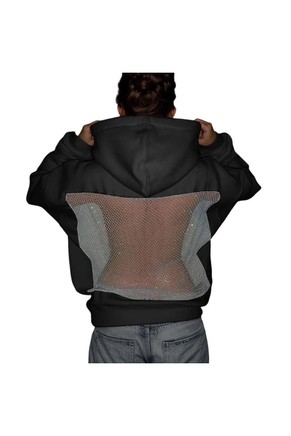 Hoodies Sweatshirt for Women, Mesh Sparkle Open Back Back See Through Pullover Long Sleeve Backless Tops