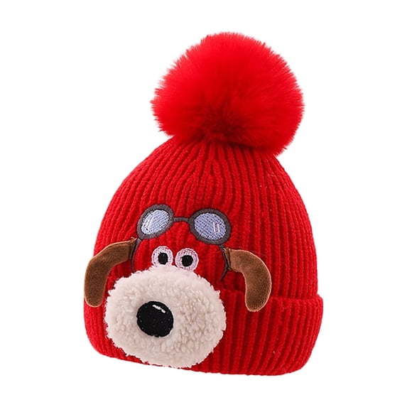HGIEYS Toddler Winter Knit Beanie Cute Pilot Dog Embroidery Warm Pom Pom Hat for Baby Boys Girls 1-5 Years