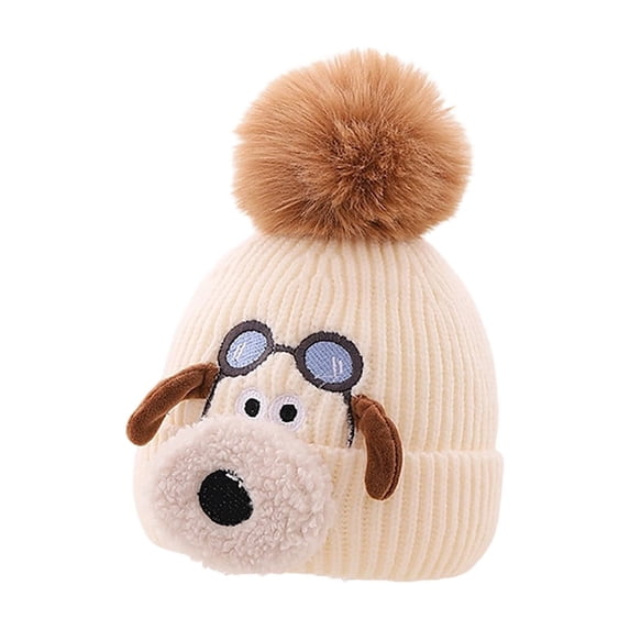 HGIEYS Toddler Winter Knit Beanie Cute Pilot Dog Embroidery Warm Pom Pom Hat for Baby Boys Girls 1-5 Years