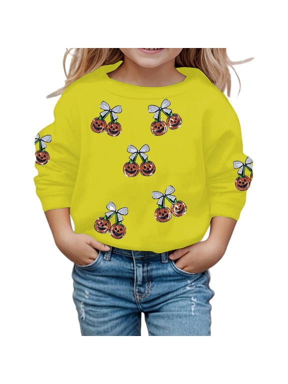 Kids Crew Neck Sweatshirt, Cute Ghost and Sequin Bow Print Long Sleeve Casual Top for Little Girls