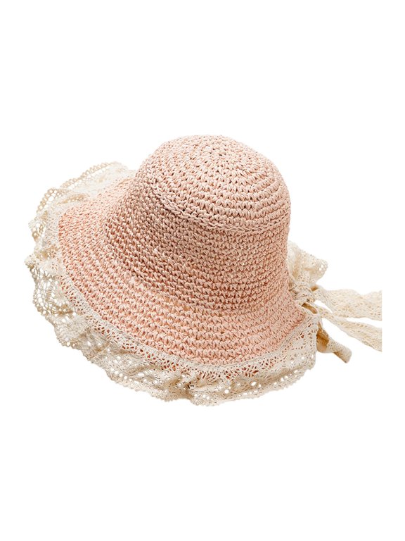 Kids Girl Straw Hat Foldable Wide Brim Cap Sun Visor Hats Sun Protection Beach Hats Lace Summer Travel