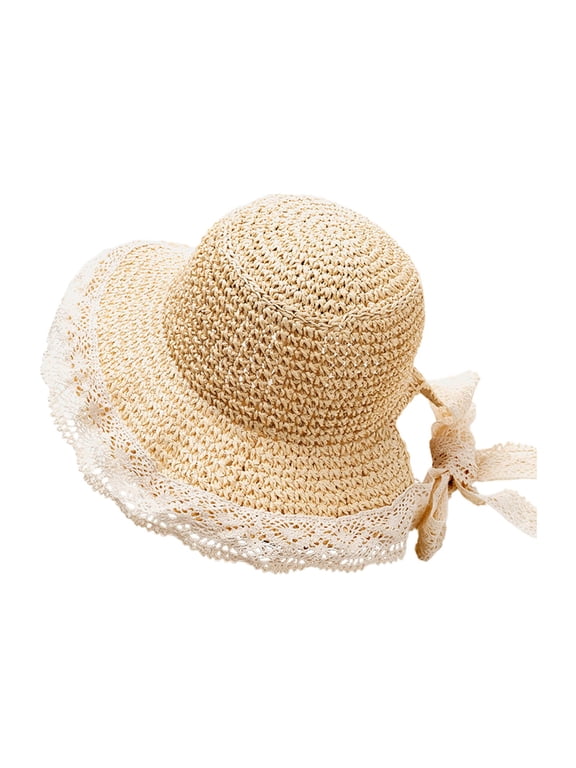 Kids Girl Straw Hat Foldable Wide Brim Cap Sun Visor Hats Sun Protection Beach Hats Lace Summer Travel