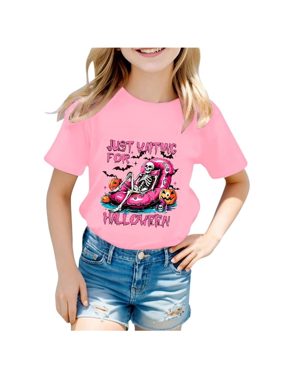 Kids Girls Halloween Crew Neck T‑Shirt, Funny Skeleton Lounging Print Short‑Sleeve Tee with Letter & Pumpkin Bat Pattern, Casual Fall Holiday Outfit
