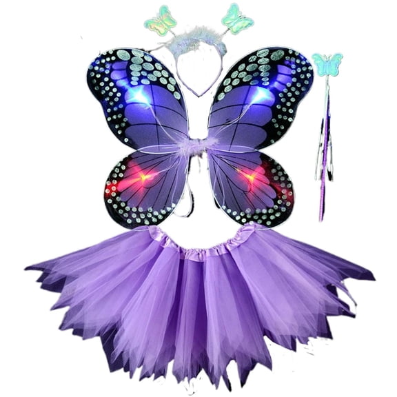 HGIEYS Kids LightâUp Butterfly Wings Fairy Set, Girls Princess Tulle Tutu Skirt with Headband & Magic Wand, Fairy DressâUp Toy for Party Halloween