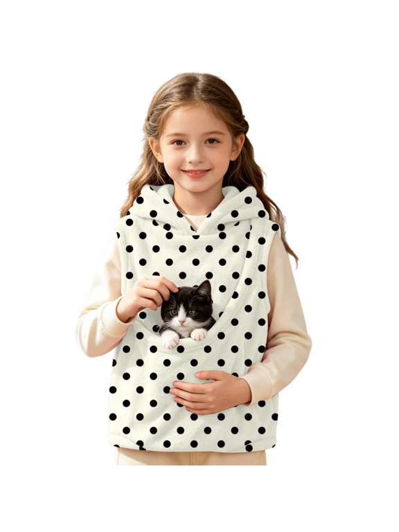 Kids Sleeveless Hooded Pullover Vest for Girls, Purple Black Polka Dot Pet Pocket Cat Holder Top