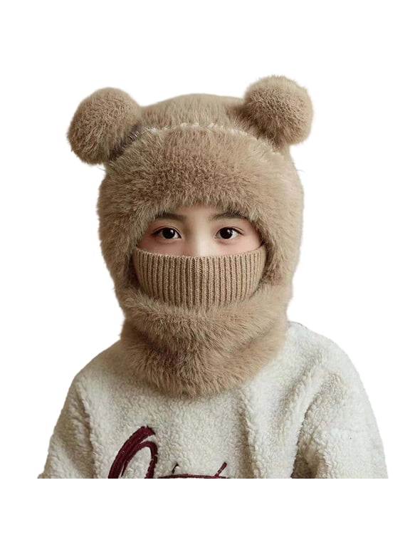 Kids Winter Plus Velvet Thickened face Protection Scarf Skull Caps Cute Beanie Cap Winter Soft Warm Knit Caps