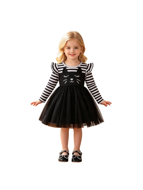 Little Girl Cat Print Tutu Dress, Black & White Striped Long Sleeve with Ruffle , Cute Cat Face Patchwork Tulle Dress 6-9 Months