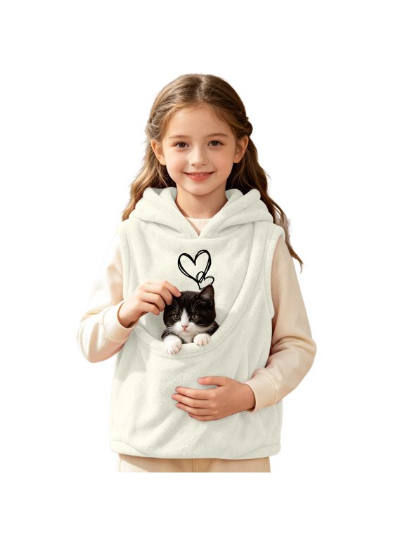 Little Girls Sherpa Fleece Hooded Vest Pattern Pet Pocket Sleeveless Outerwear