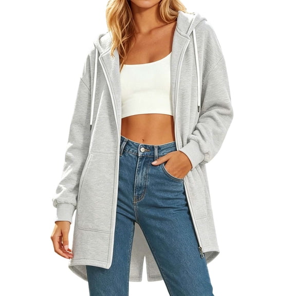 HGIEYS Long Hoodies for Women Zip Up Double Zipper Fleece Jacket Tunic Sweatshirts Fall Winter Fashion Clothes