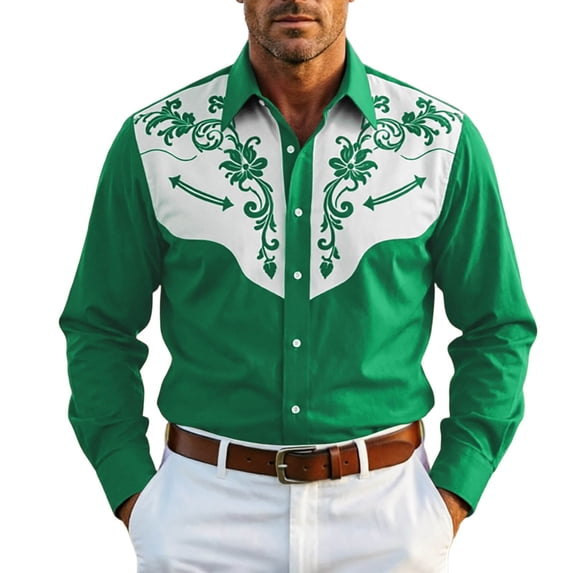 HGIEYS Men's Western Cowboy Shirt Embroidered Long Sleeve Casual Button Down Shirt