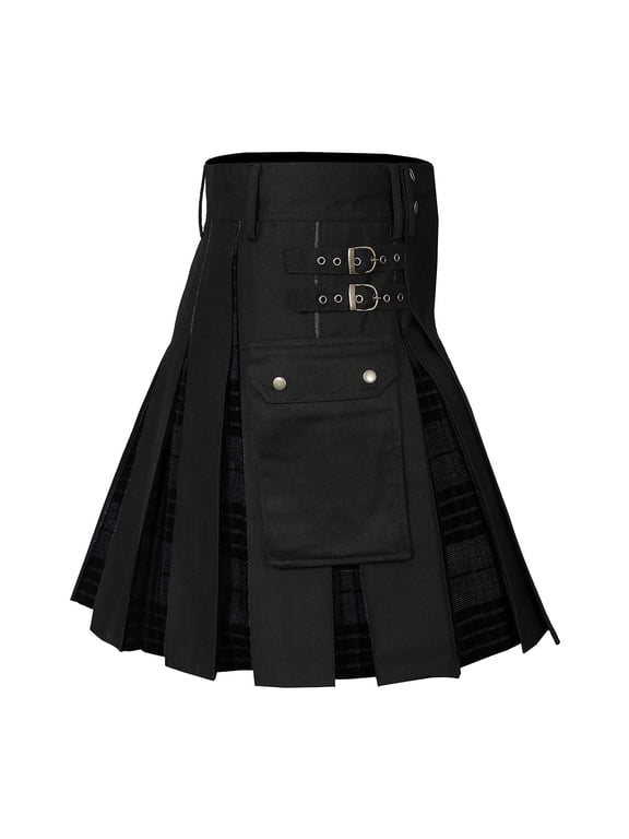 Mens Kilt Utility Scottish Traditional Highland Tartan Pleated Buckle Straps Kilts with Cargo Pockets