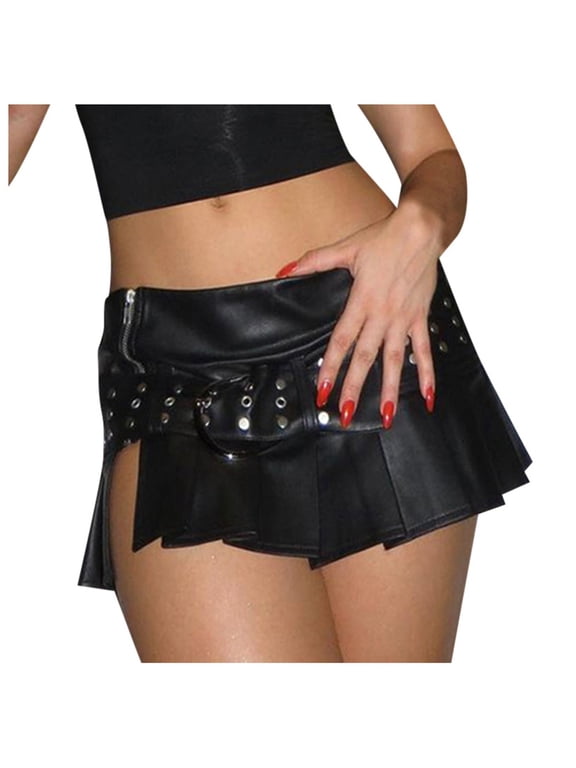 Mini Skirt Buckle Belted High Waisted Pleated Flare PU Leather Short Goth Skirts for Women