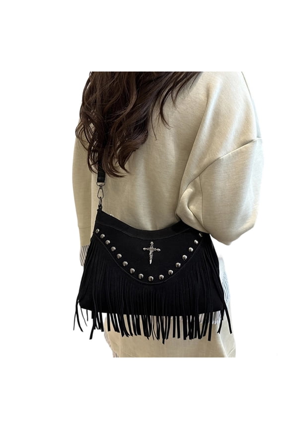 Suede Shoulder Bag Studded Fringe Cross Y2K Crossbody Handbag Hobo Punk Vintage Underarm