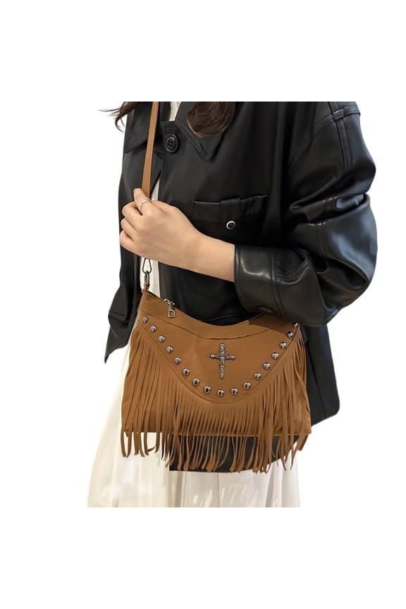 Suede Shoulder Bag Studded Fringe Cross Y2K Crossbody Handbag Hobo Punk Vintage Underarm