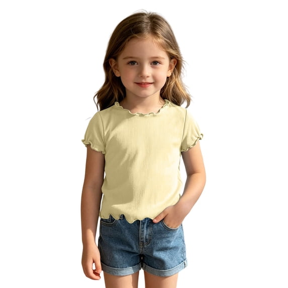 HGIEYS Toddler Girls T-Shirts Short Sleeve Solid Ribbed Tops Lettuce Kids Casual Basic Tees 7-8 Years