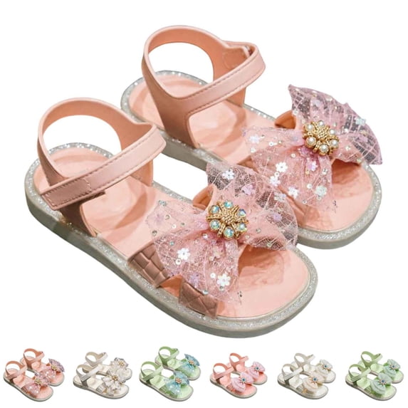 HGIEYS Toddler Girls Pearl Bear Bow Princess Sandals Open Toe Soft Flat Soled Sandals Summer Fashion Shoes 7-8 Years
