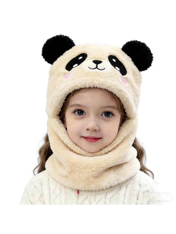 Toddler Panda 2‑in‑1 Hood Hat Scarf, Soft Plush Ear Protection Beanie Cap for Little Boys Girls Cold Weather