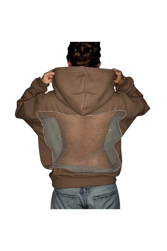 Women Mesh Back Hoodie See Through Hollow Fishnet Oversized Sweatshirt Backless Going Out Tops