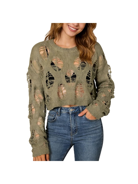 Women See Through Goth Sweater Grunge Punk Ripped Knit Long Sleeve Crop Tops Hollow Out Fishnet Sheer Short Sweater