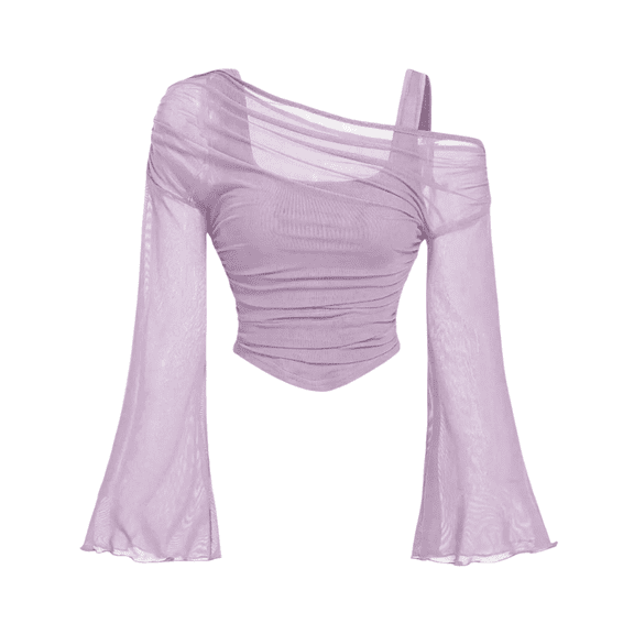 HGIEYS Women's Bell Long Sleeve Square Neck Asymmetrical Hem Mesh Ruched Crop Tops Tees