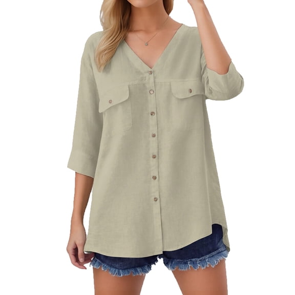 HGIEYS Women's Button Down Shirts Summer 3/4 Sleeve V Neck Blouses Lightweight Casual Office Work Tops with Pockets
