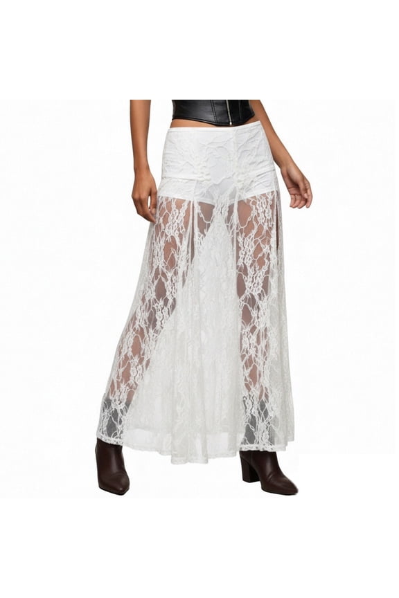 Women's Lace Sheer Maxi Skirts Floral Polka Dots Ruffle Concert Boho Goth Long Skirts