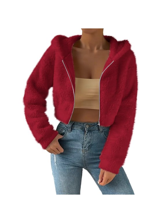 Women's Winter Warm Jacket Hooded Jacket Long Sleeve Short Coat Cropped Shearling Furry Overcoat