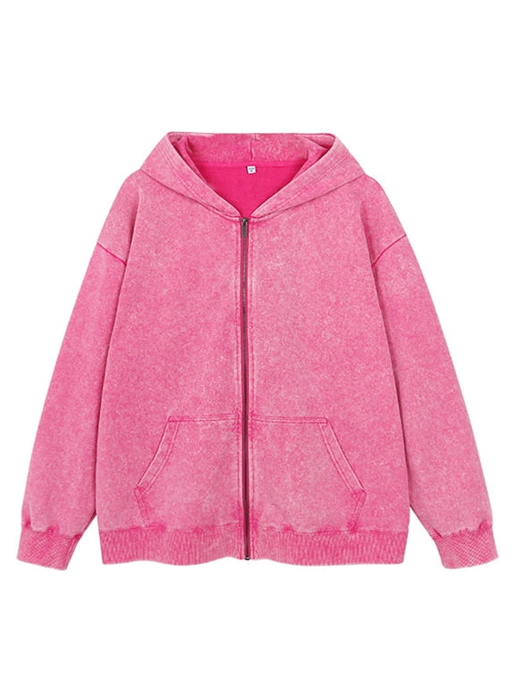 Women's Zip Up Acid Wash Hoodie Vintage Oversized Casual Fall Jacket Cotton Hooded Sweatshirts with Pockets Streetwear