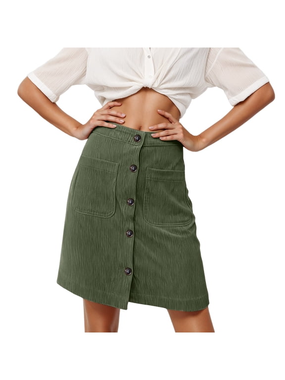 Womens Button Down Corduroy Skirts High Waist A-line Pleated Short Mini Skirt with Pockets