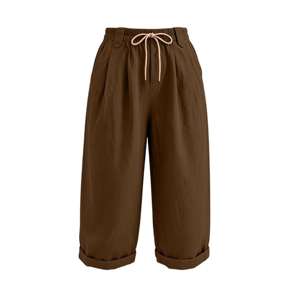 HGIEYS Womens Cotton Linen Baggy Barrel Pants High Waisted Wide Leg Cropped Elastic Drawstring Casual Trousers with Pockets